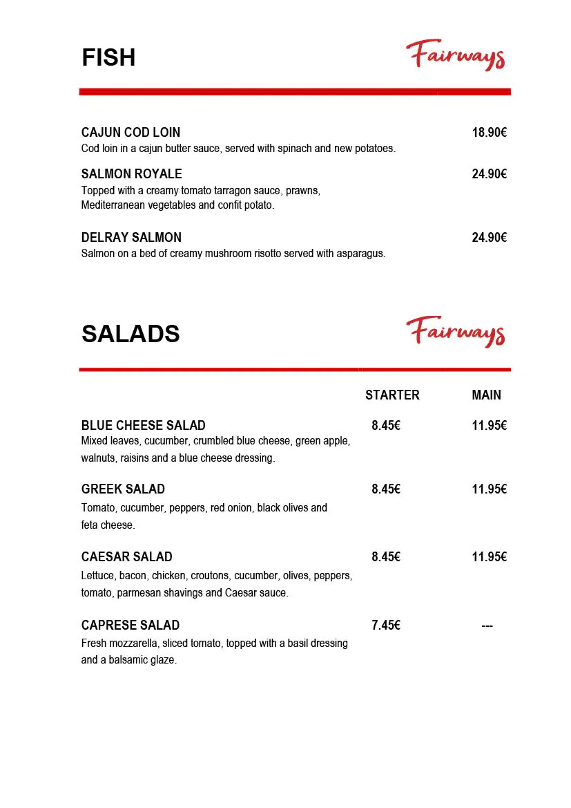 Fairways Restaurant Daily Menu 4 march 2024