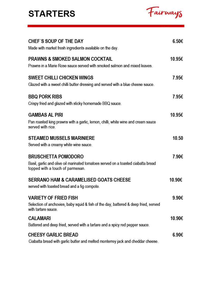 Fairways Restaurant Daily Menu 1 July 2025