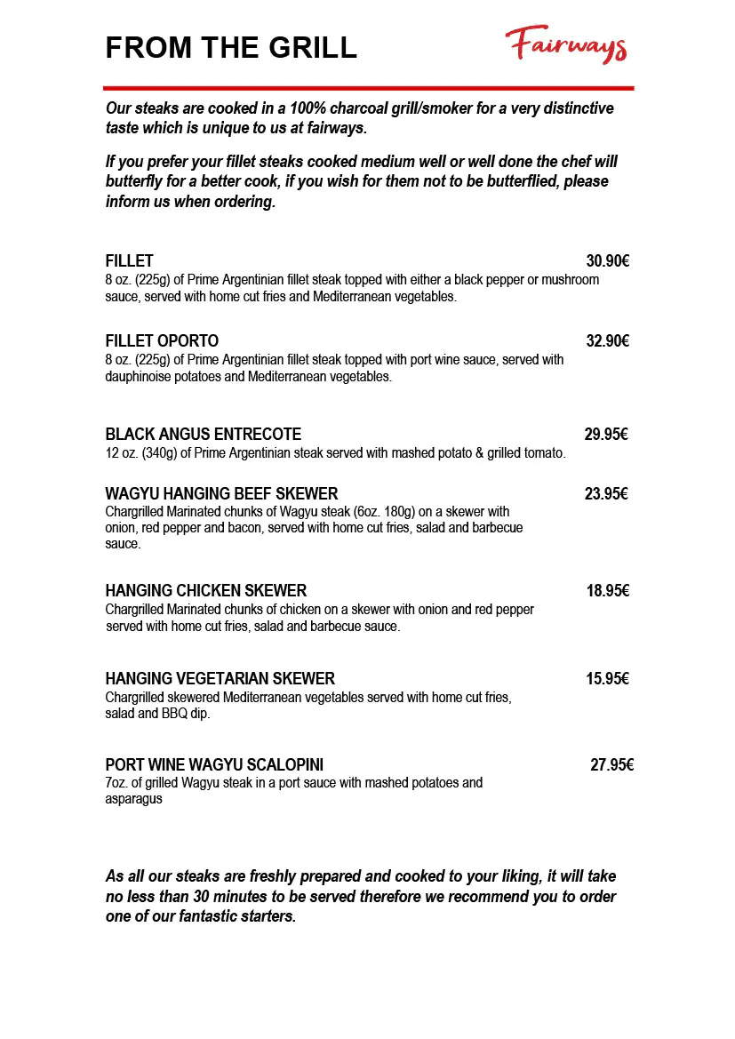 Fairways Restaurant Daily Menu 2 July 2025