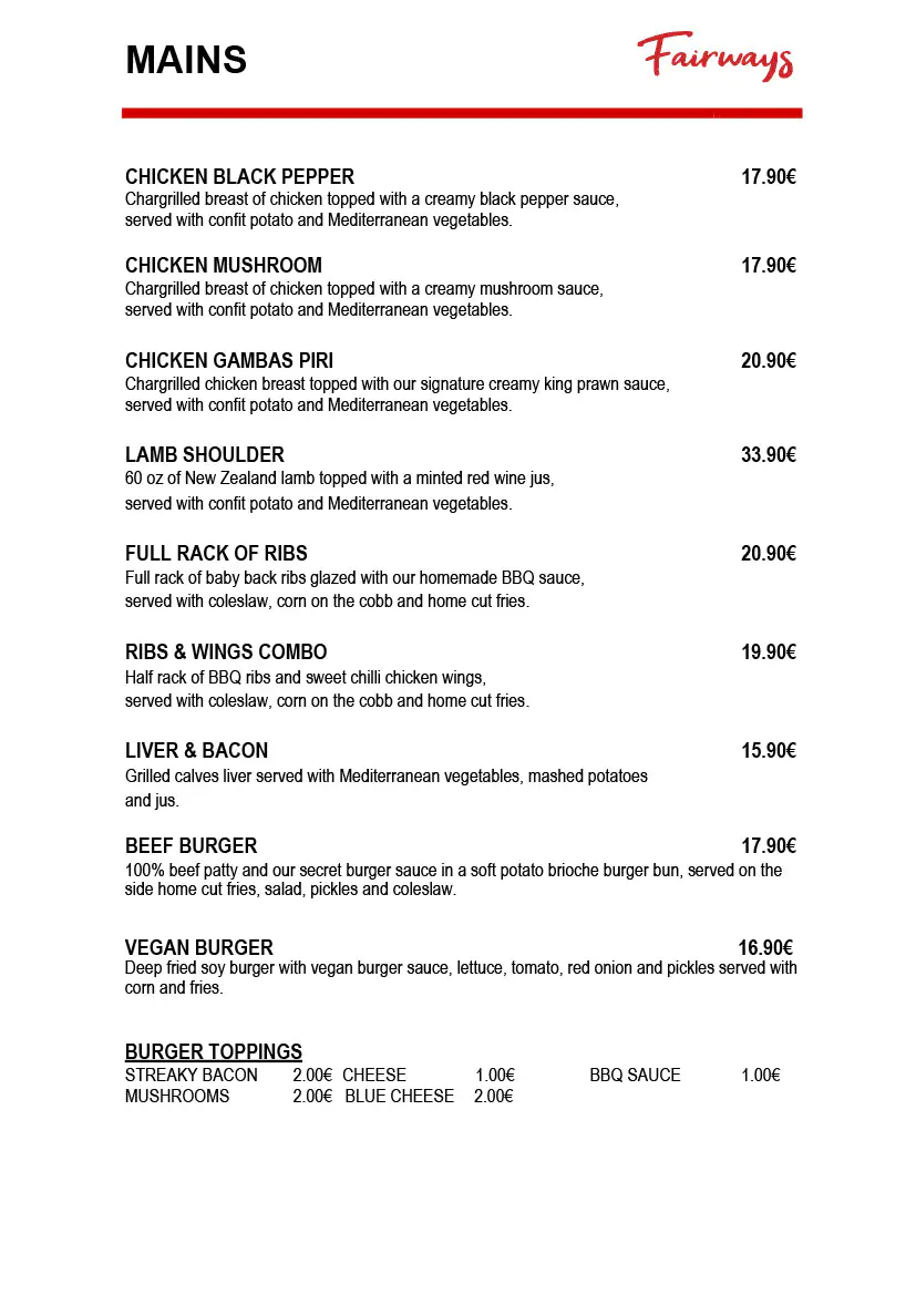 Fairways Restaurant Daily Menu 3 July 2025