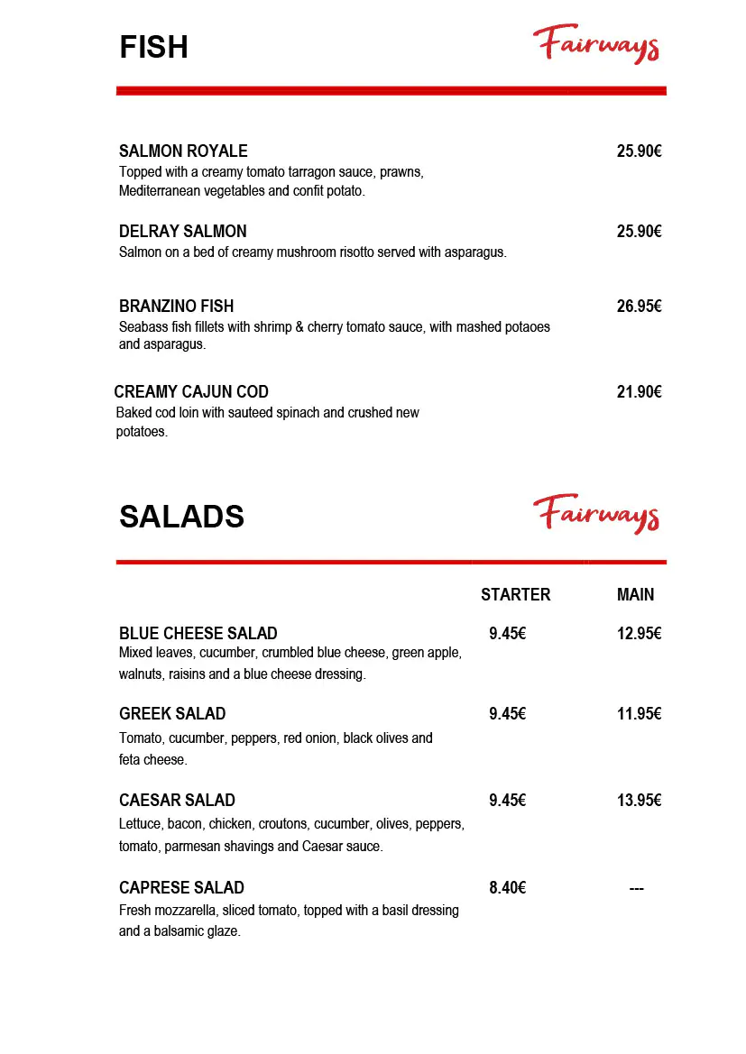 Fairways Restaurant Daily Menu 4 July 2025