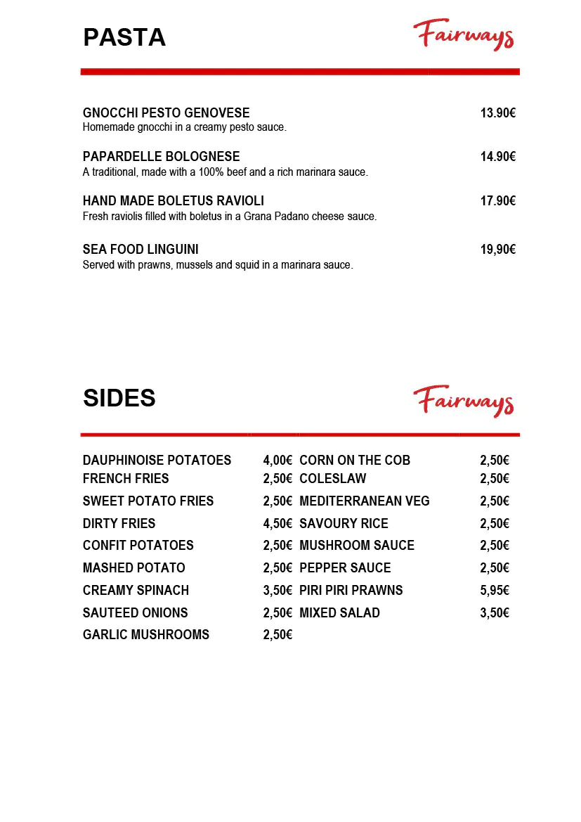 Fairways Restaurant Daily Menu 5 July 2025