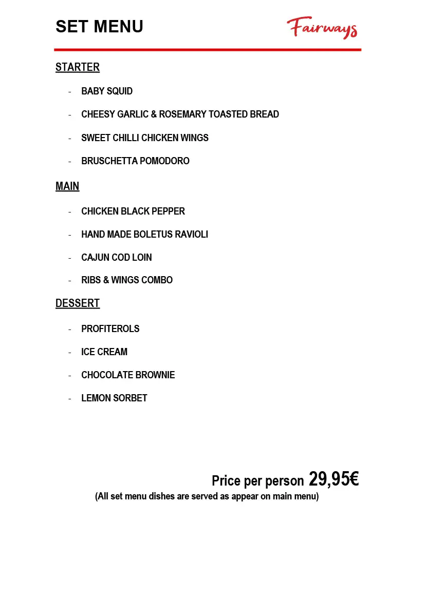 Fairways Restaurant Daily Menu 6 July 2025