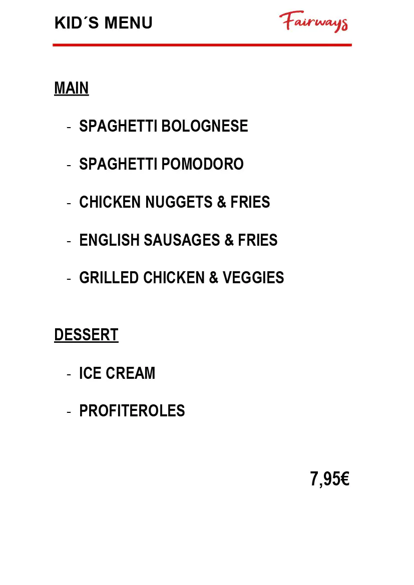 Fairways Restaurant Daily Menu 7 July 2025
