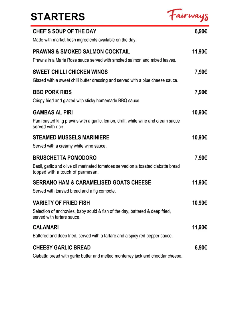 Fairways Restaurant Daily Menu 1 May 2026