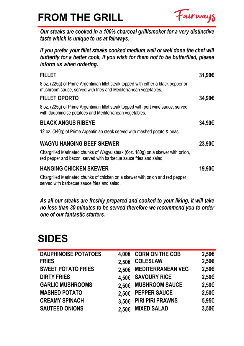 Fairways Restaurant Daily Menu 2 May 2026