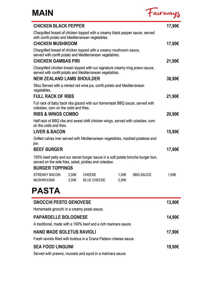 Fairways Restaurant Daily Menu 3 May 2026