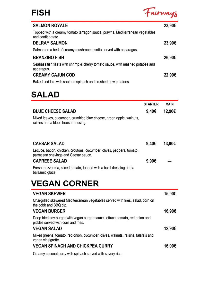 Fairways Restaurant Daily Menu 4 May 2026