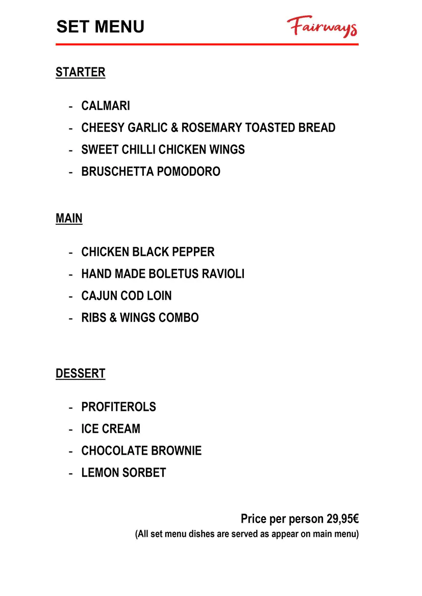 Fairways Restaurant Daily Menu 5 May 2026