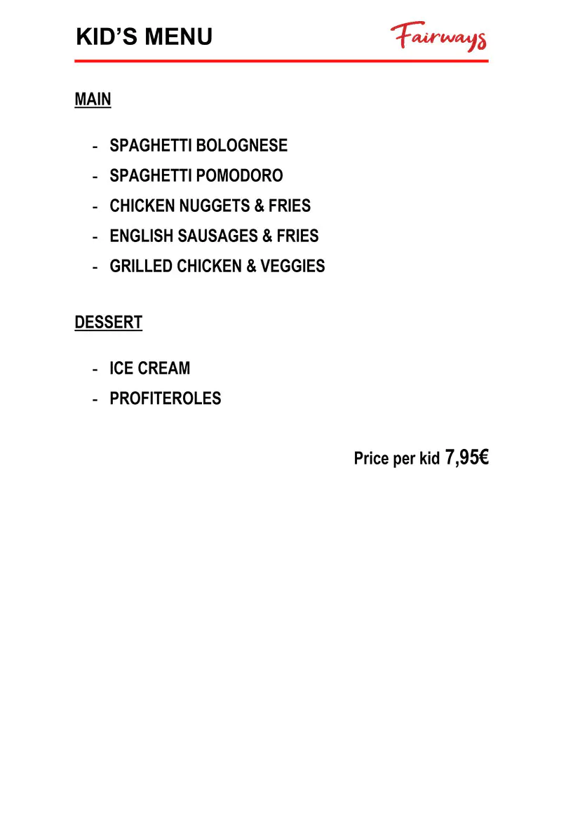 Fairways Restaurant Daily Menu 6 May 2026
